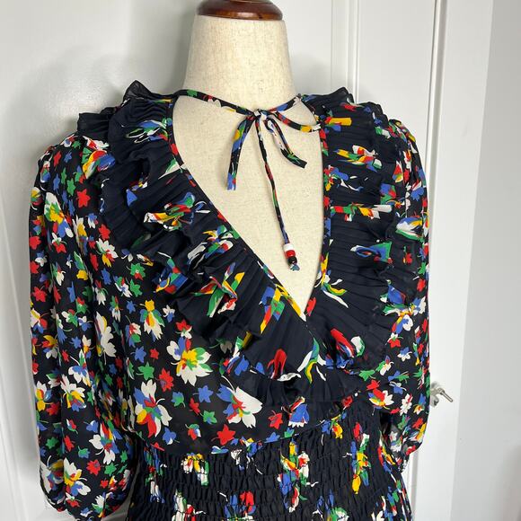 VTG Assorti Susan Freis Dress XS Black V-Neck Ruffle Floral Midi Smocked Blouson - Picture 4 of 12